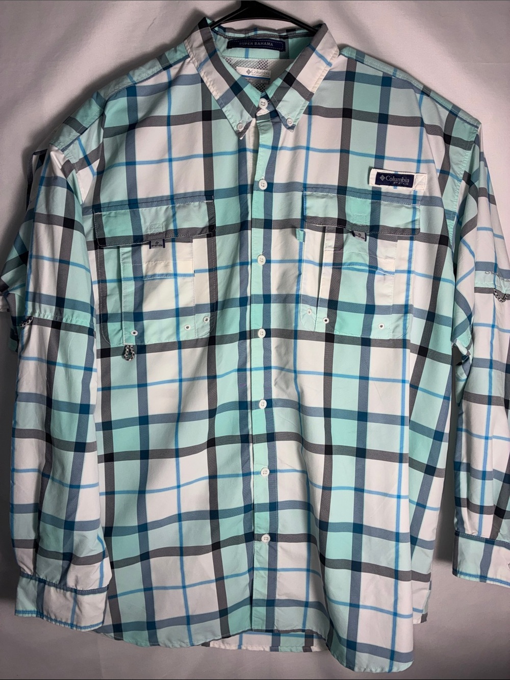 Columbia PFG Super Bahama Men's Long Sleeve Plaid Fishing Shirt Mint Blue XL